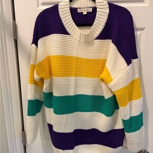 Vine & Love Sweater with Purple, Yellow, Green, and White Stripes. Runs large.